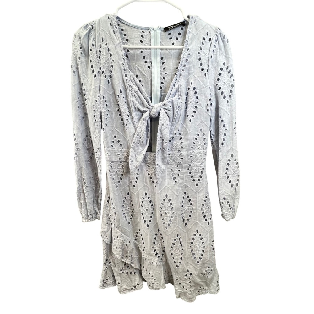 Light Blue Cotton Eyelet Babydoll Tie Front Mini Dress Long Sleeve Ruffle Small